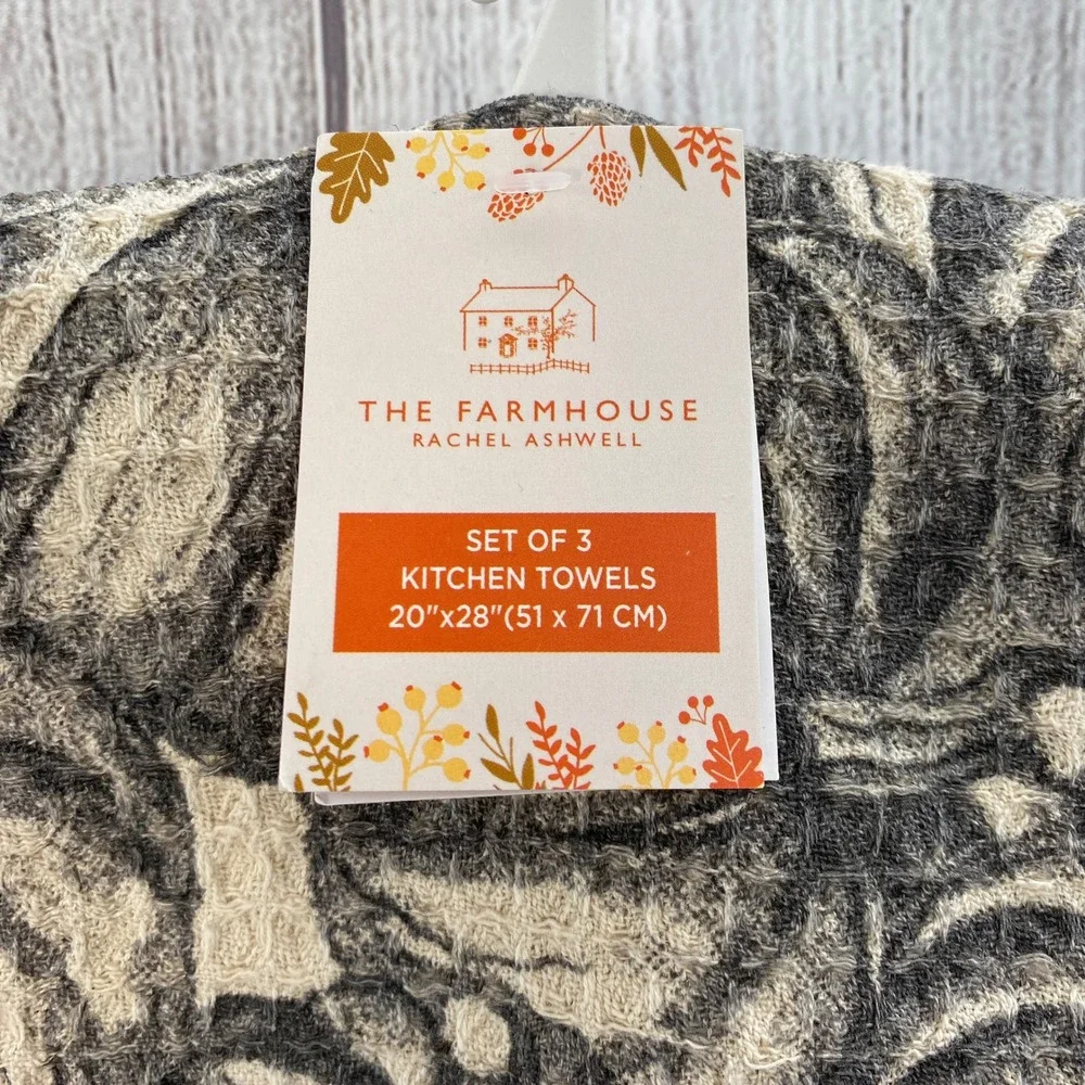 Rachel Ashwell The Farmhouse Kitchen Towels Set of 3 Gray Pumpkin Waffle Autumn